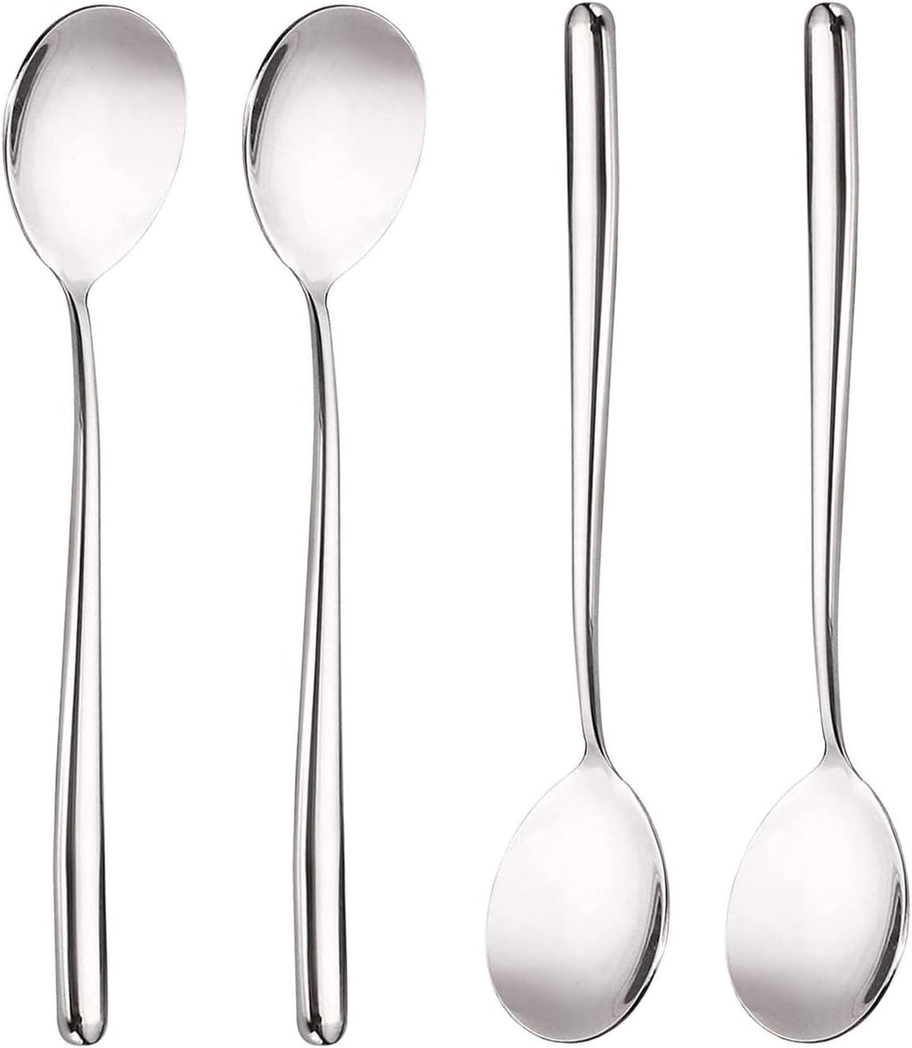 Stainless Steel Spoon Long handle Great Circle Soup Spoons Korean Long Handled Soup Spoon Stainless Steel Round handle Bar Spoons Silver Set of 4