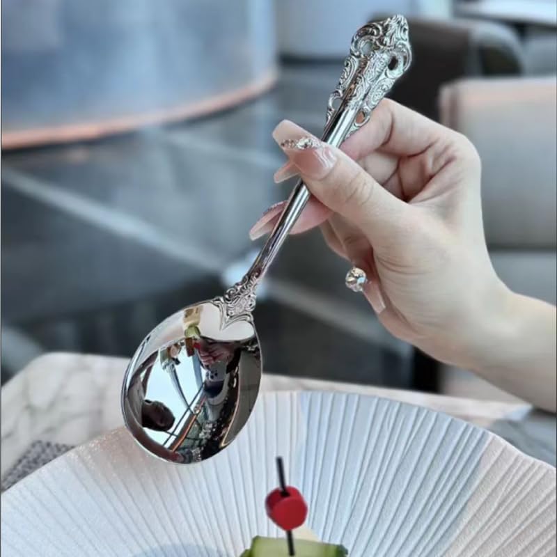 Gorgeous Large Round Soup Spoons 18/10 Stainless Steel Fine Embossed Texture Soup Spoons Set Table Spoon Silverware Bouillon Spoons Silver (4 pack)