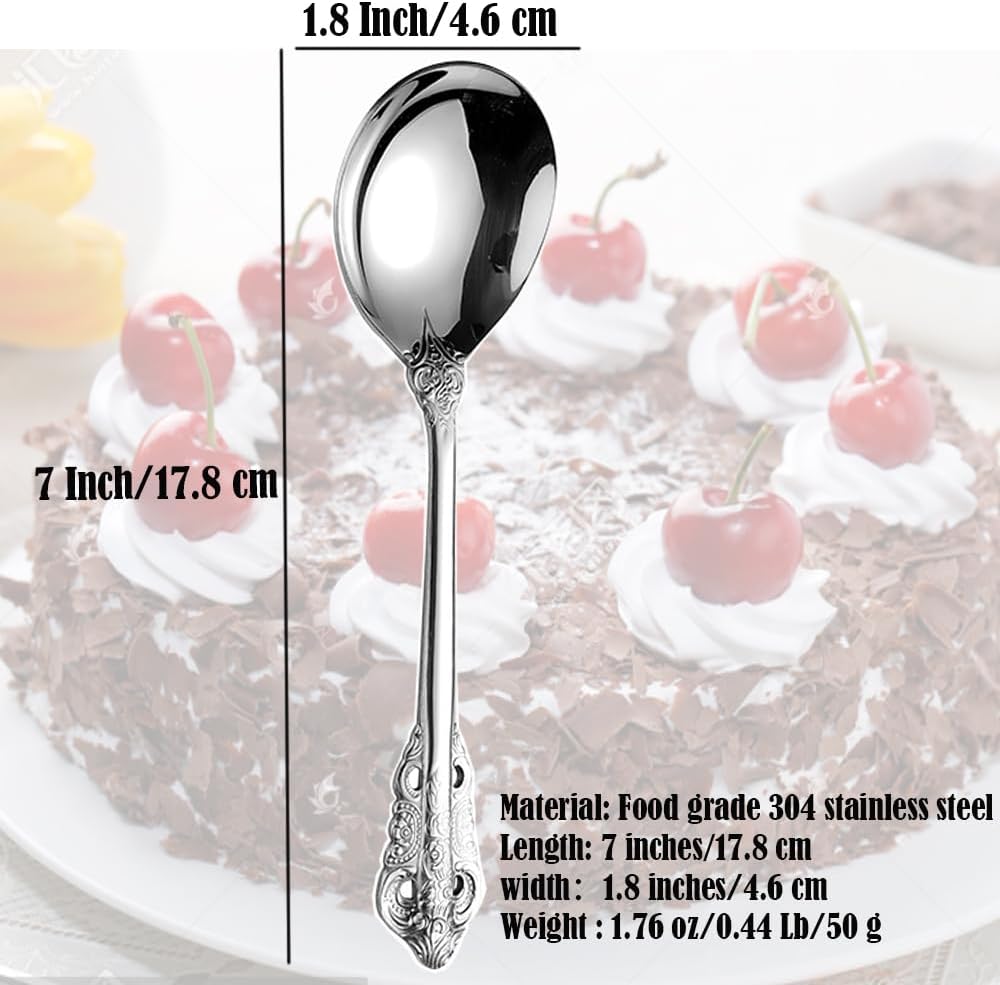 Gorgeous Large Round Soup Spoons 18/10 Stainless Steel Fine Embossed Texture Soup Spoons Set Table Spoon Silverware Bouillon Spoons Silver (4 pack)