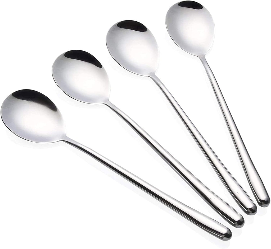 Stainless Steel Spoon Long handle Great Circle Soup Spoons Korean Long Handled Soup Spoon Stainless Steel Round handle Bar Spoons Silver Set of 4
