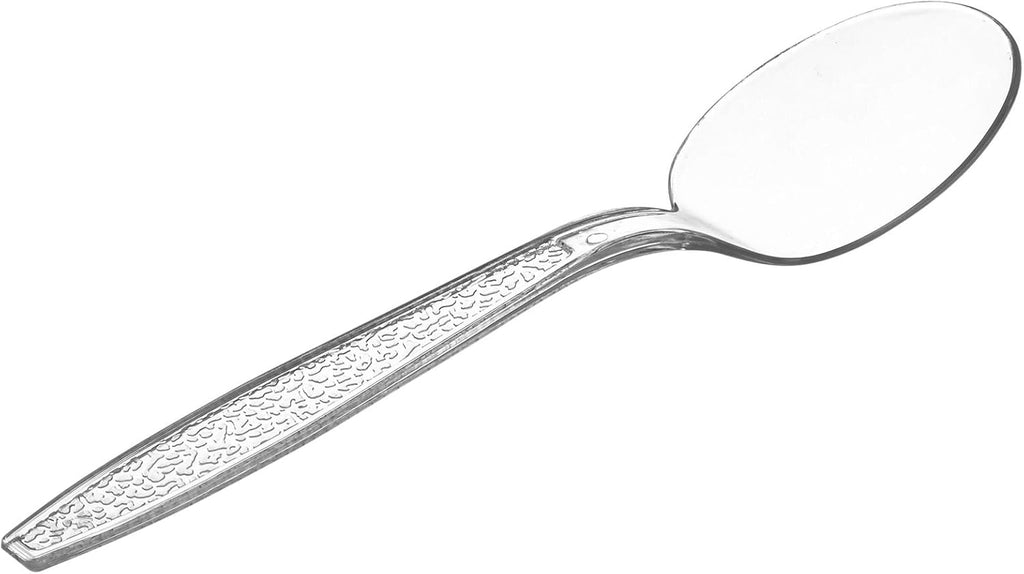 GUSTO [100 Pack] Heavyweight Clear Plastic Soup Spoons with Engraved Design - Disposable Sturdy Plastic Utensils for Parties  Weddings  and Events (Formerly Comfy Package)