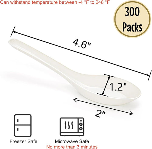 300 Pack Disposable Asian Soup Spoon  Small Plastic Spoons Bulk  4.6" × 1.2" Heavy Duty Spoons for Hot Soup  Plastic Utensils Cutlery for Home Restaurant Party Supply  Freezer Microwave Safe