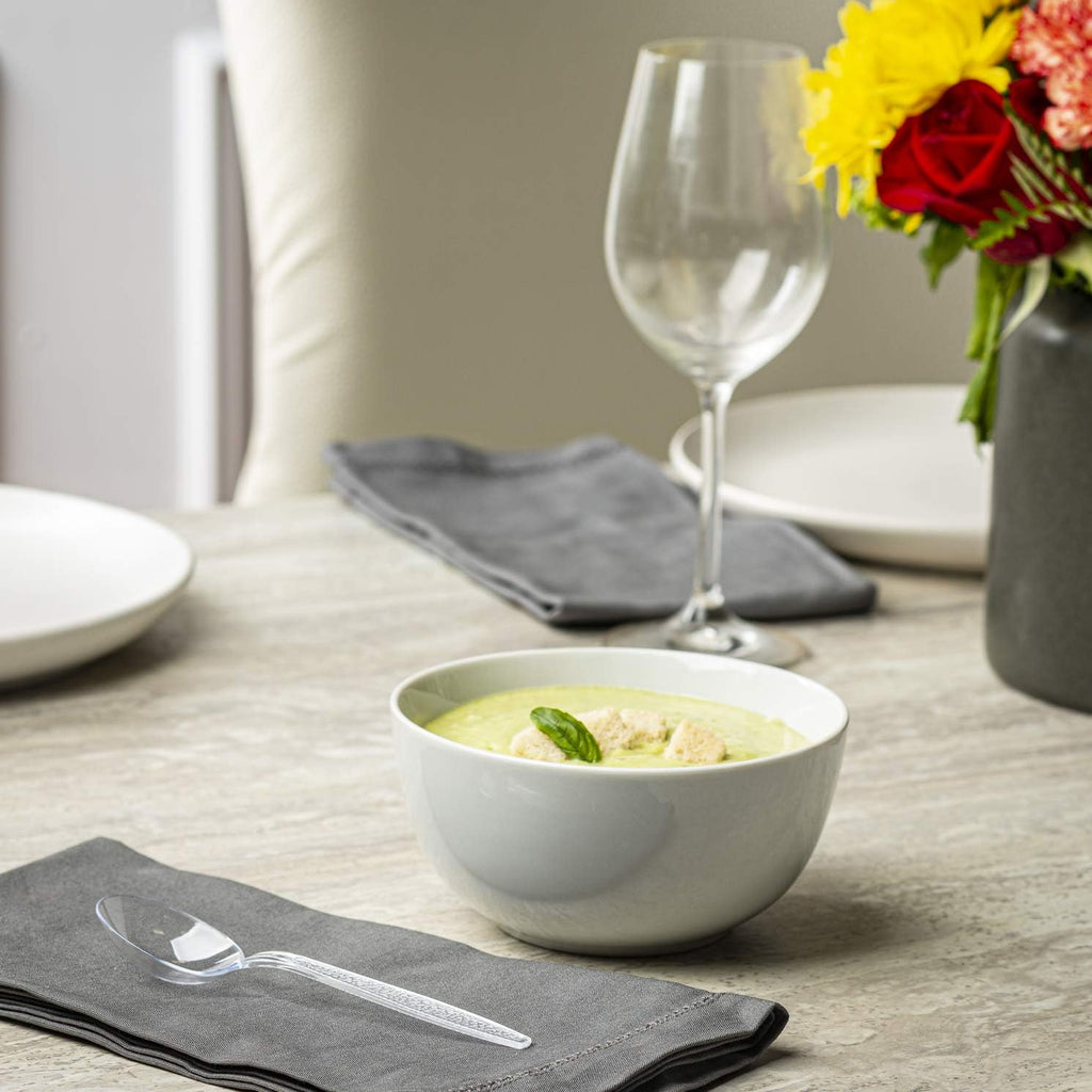 GUSTO [100 Pack] Heavyweight Clear Plastic Soup Spoons with Engraved Design - Disposable Sturdy Plastic Utensils for Parties  Weddings  and Events (Formerly Comfy Package)