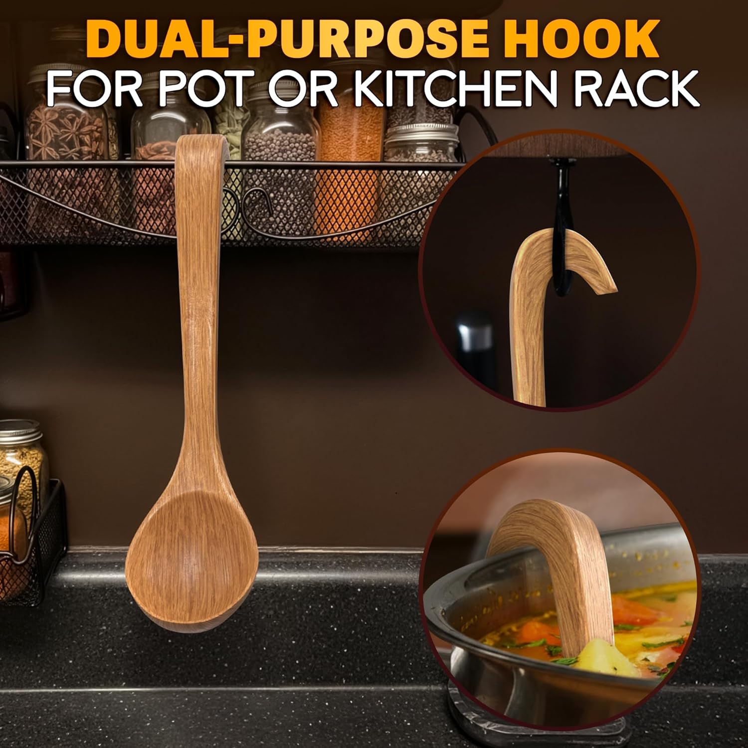 Wooden Ladle for Soup – 10.8×2.8" Deep Wood Ladle with 2.7 fl oz Capacity  Long Handle Hook-End & Lacquer Coating for Comfortable Grip – Easy-Clean Wooden Soup Spoon for Sauces  Stews & Kitchen Use
