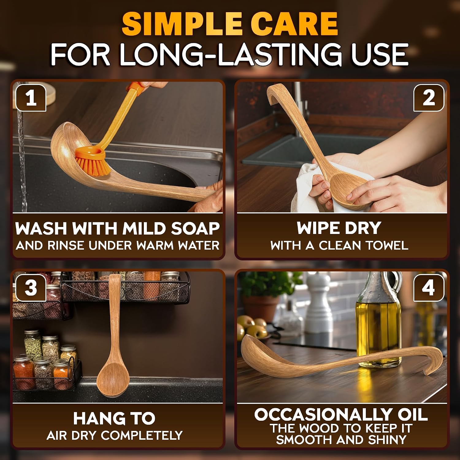 Wooden Ladle for Soup – 10.8×2.8" Deep Wood Ladle with 2.7 fl oz Capacity  Long Handle Hook-End & Lacquer Coating for Comfortable Grip – Easy-Clean Wooden Soup Spoon for Sauces  Stews & Kitchen Use
