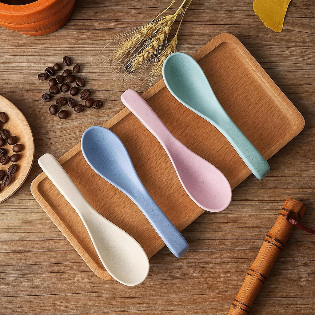 Outus 8 Pieces Wheat Straw Plastic Spoon Portable 6 Inches Colourful Unbreakable Meal Dinner Soup Spoon Safe for Dishwasher and Microwave